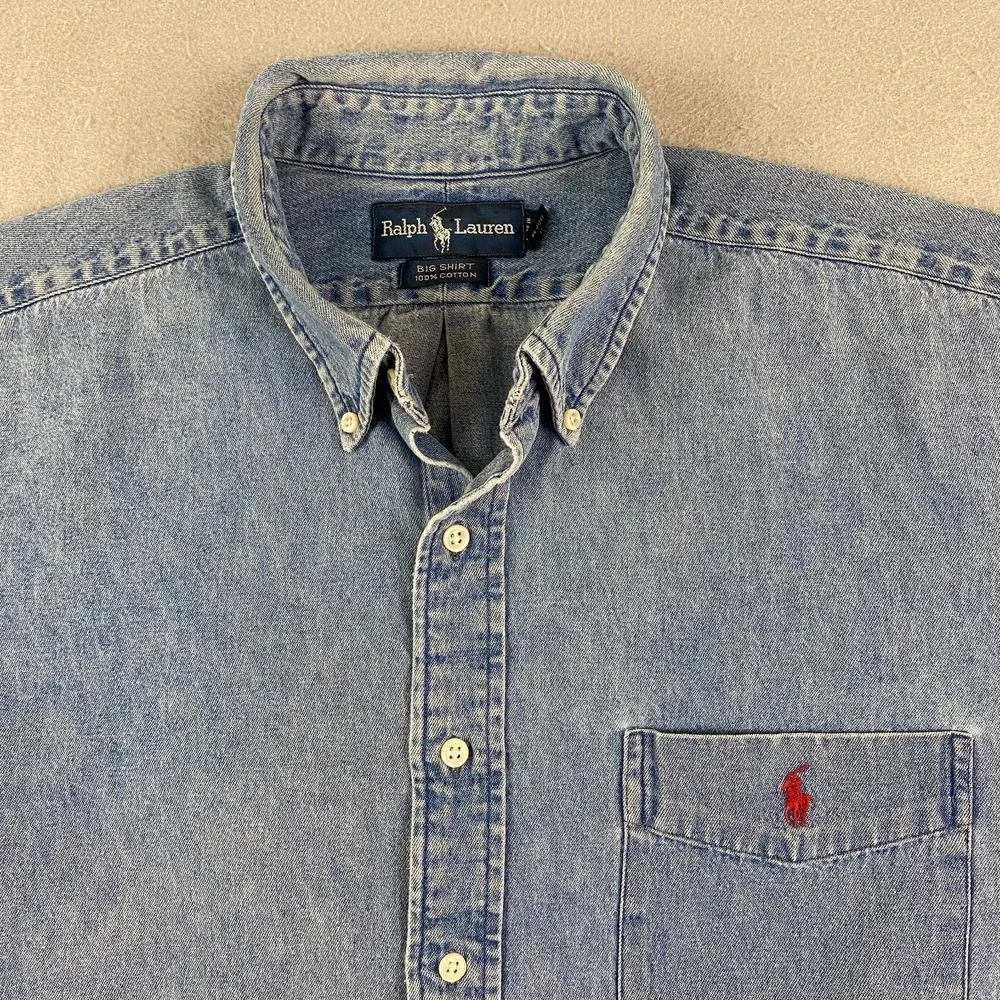 Vintage Polo Ralph Lauren Big Shirt Denim Button Down Men Large Blue Pocket Pony